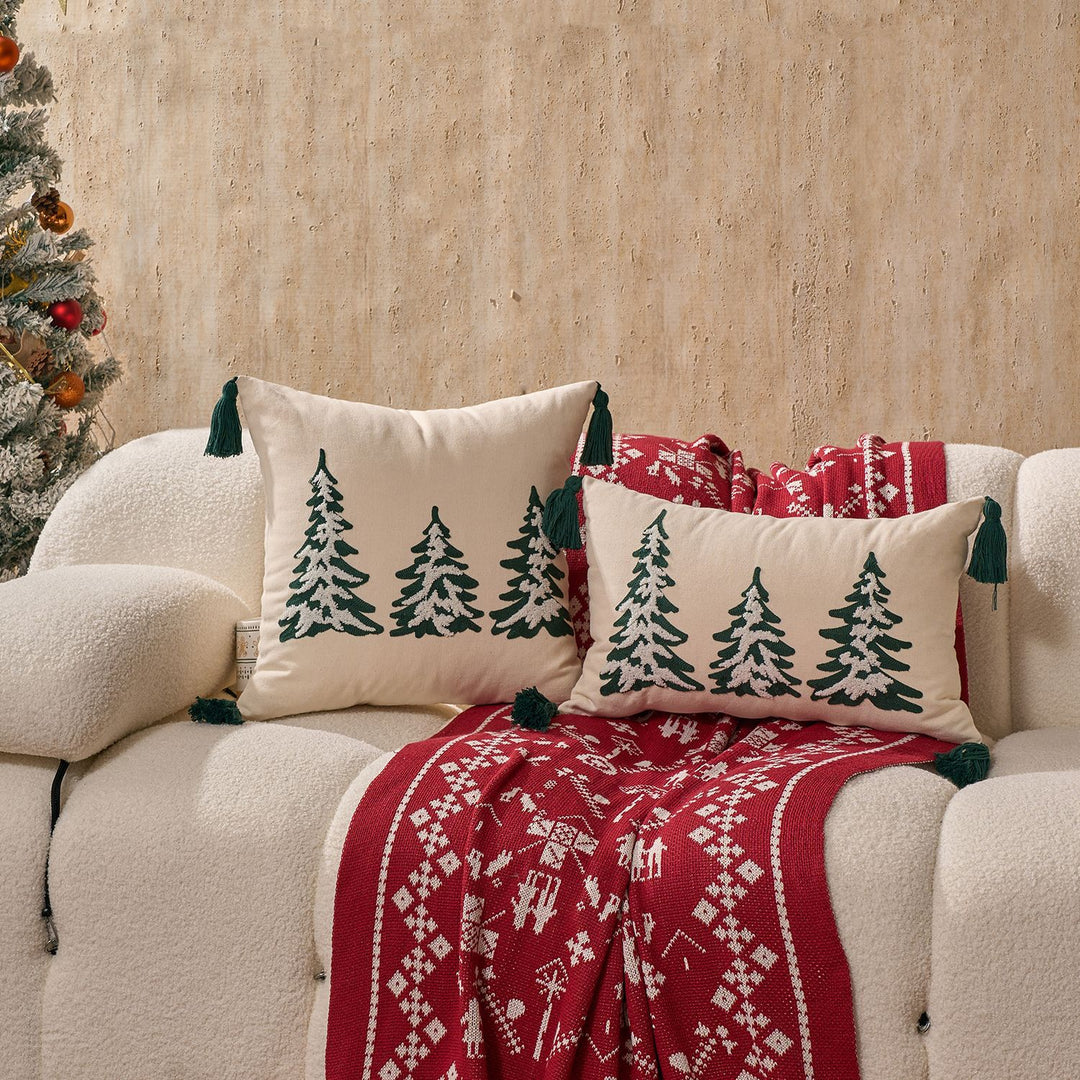 Embroidered Pine Tree Square Throw Pillow with Corner Tassels