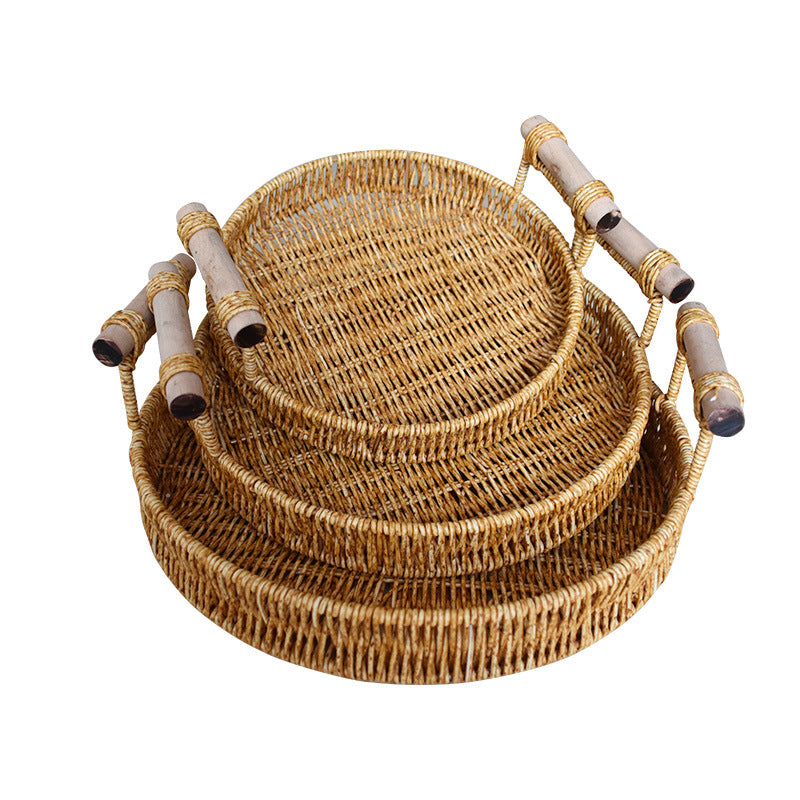 Handcrafted Natural Woven Serving Tray Set