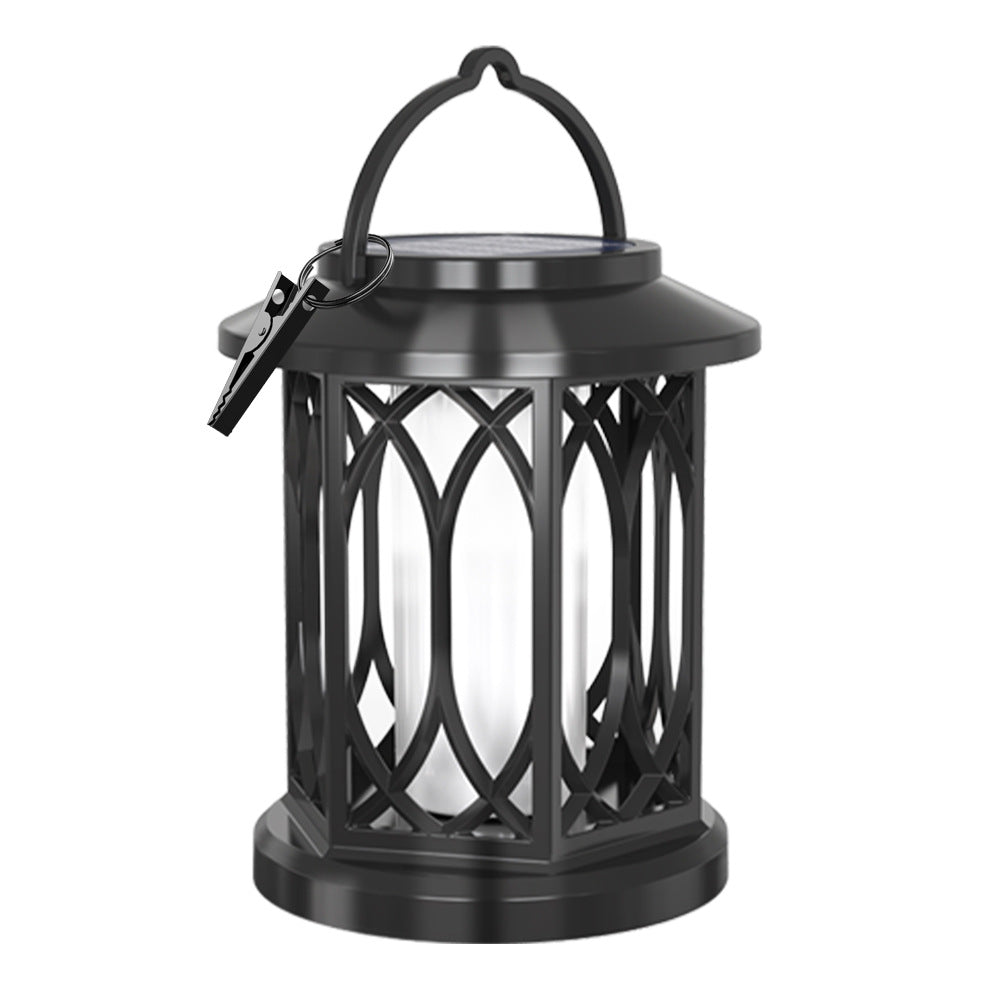 Decorative solar-powered hanging lantern for outdoor use with iron mesh frame
