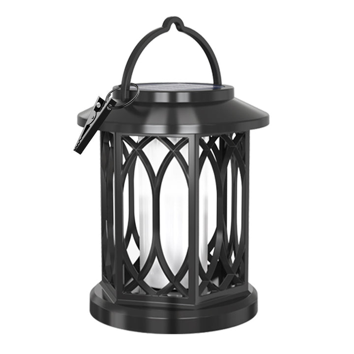 Decorative solar-powered hanging lantern for outdoor use with iron mesh frame