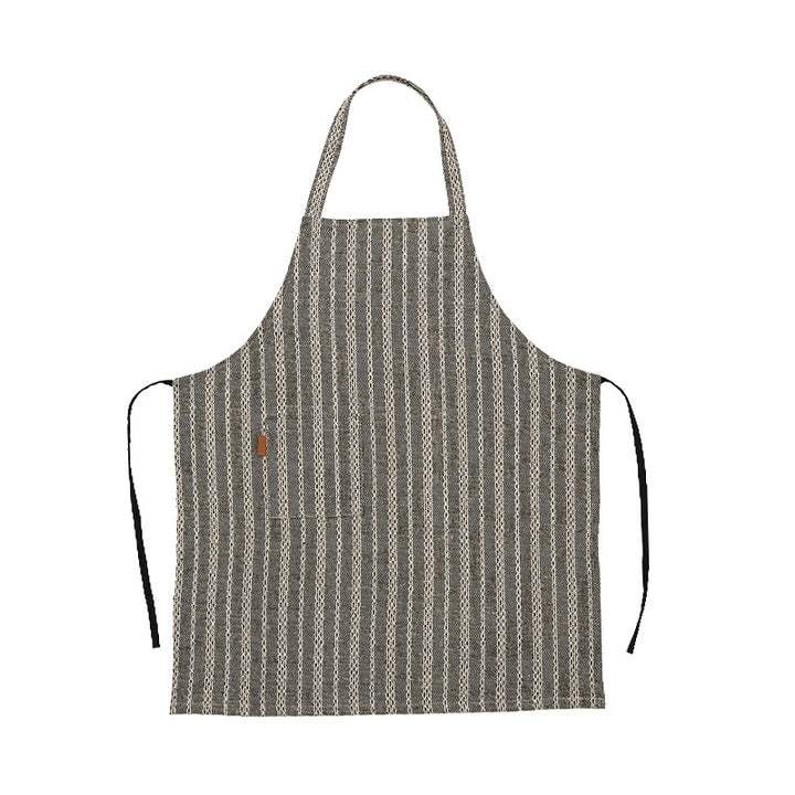 Linen-cotton blend kitchen apron with striped pattern and front pocket