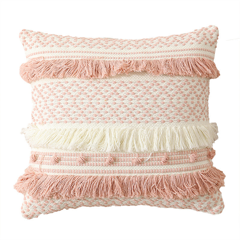 Woven decorative cushion cover with 3D dot structure and layered fringes