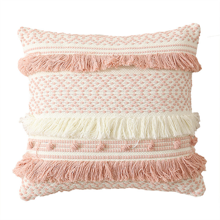 Woven decorative cushion cover with 3D dot structure and layered fringes