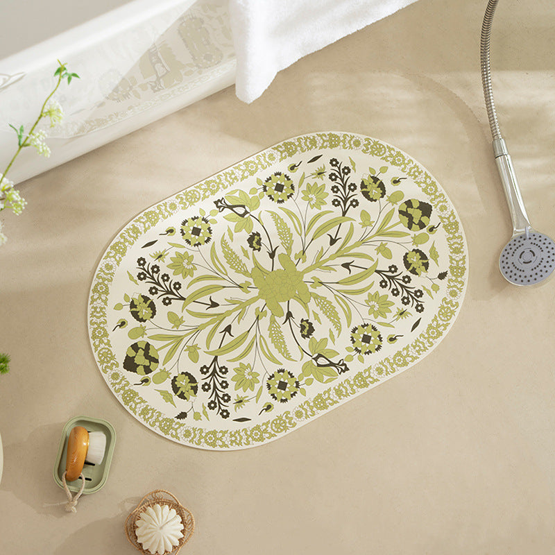Oval table mat made of wipeable cotton-linen mix with intricate floral print