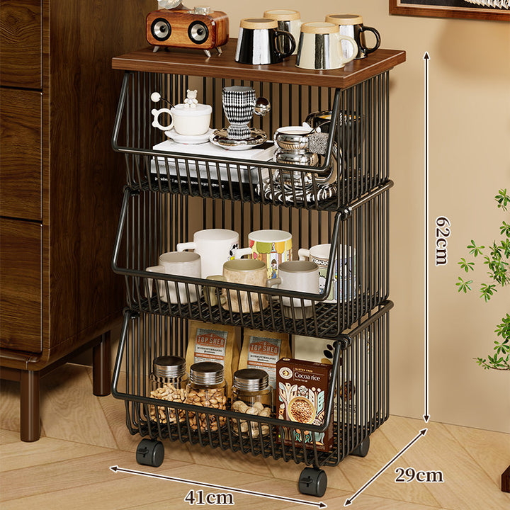 Four-Tier Industrial Wire Basket Cart with Wood Top and Swivel Locking Casters