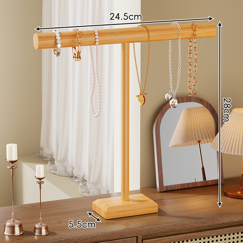 Wooden Necklace and Bracelet Display Stand with T-Bar Organizer and Weighted Base