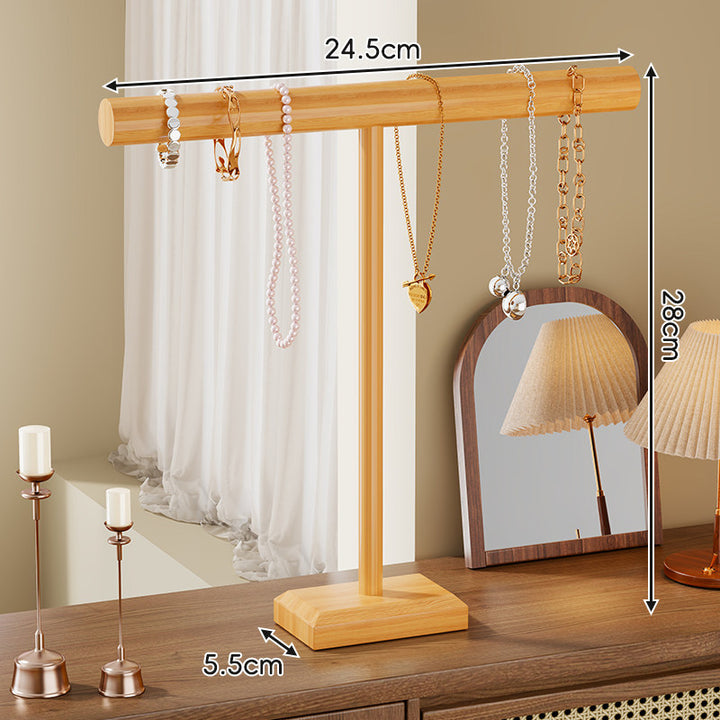 Wooden Necklace and Bracelet Display Stand with T-Bar Organizer and Weighted Base