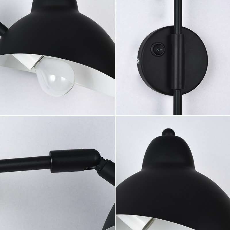 Articulated wall lamp with curved arm and adjustable bell shade