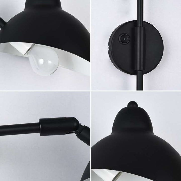 Articulated wall lamp with curved arm and adjustable bell shade