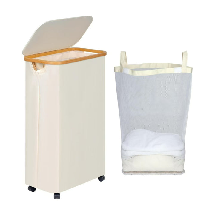 High-quality laundry container with bamboo lid and practical carrying handle