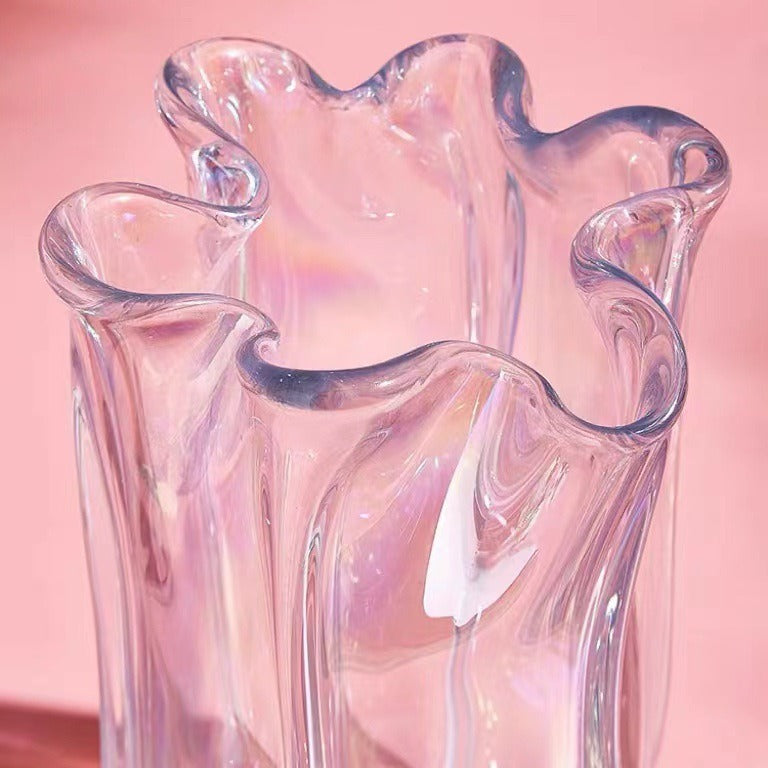 Iridescent Ribbed Hand-Blown Glass Tulip-Shaped Decorative Vase with Folded Rim