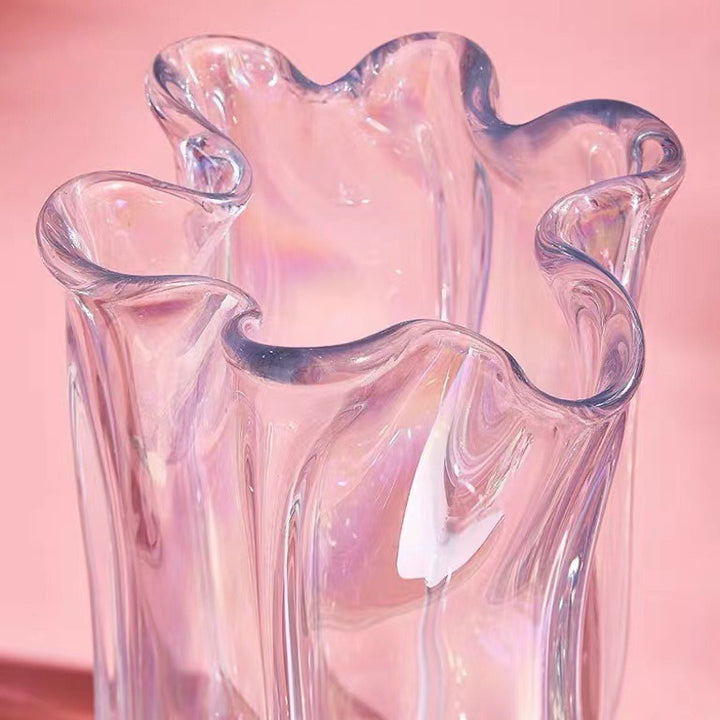 Iridescent Ribbed Hand-Blown Glass Tulip-Shaped Decorative Vase with Folded Rim