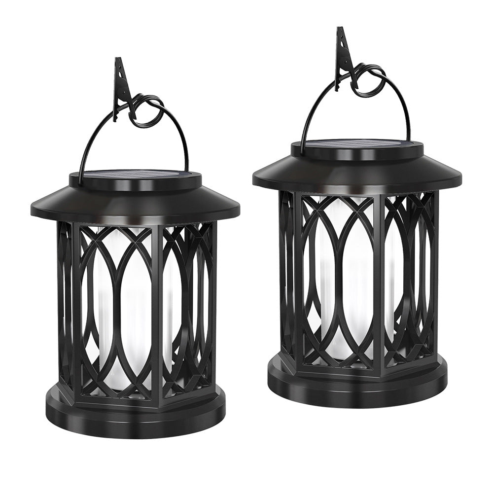 Decorative solar-powered hanging lantern for outdoor use with iron mesh frame