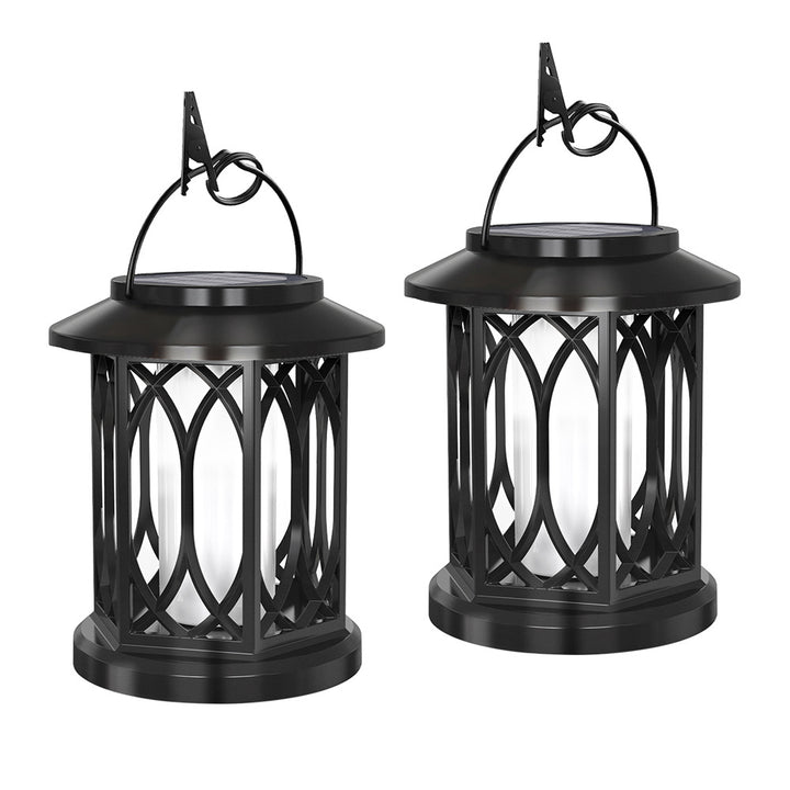 Decorative solar-powered hanging lantern for outdoor use with iron mesh frame