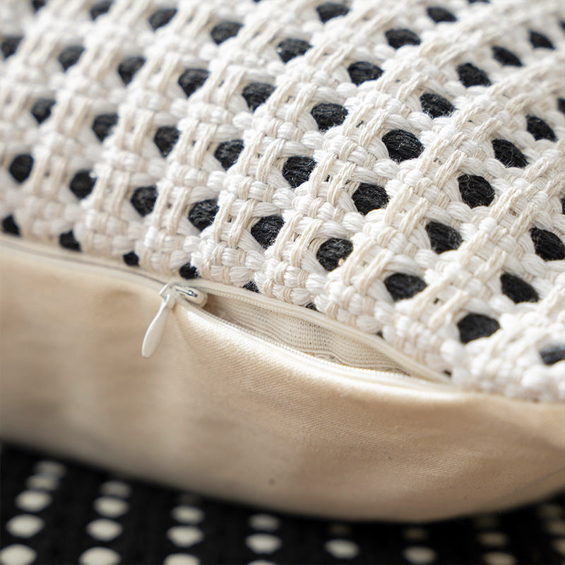 Decorative cushion cover with textured hole waffle weave structure made from cotton-linen mix