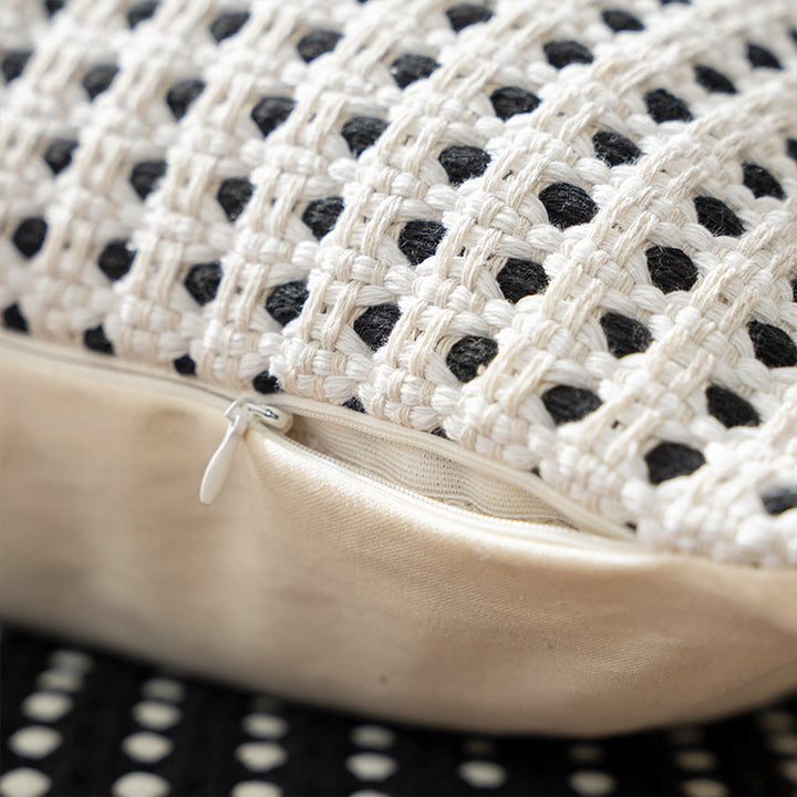Decorative cushion cover with textured hole waffle weave structure made from cotton-linen mix