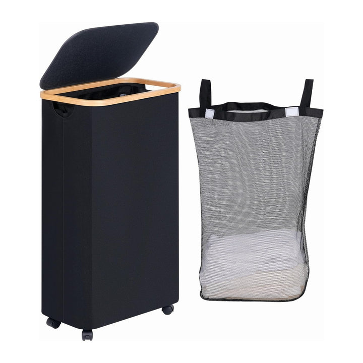 High-quality laundry container with bamboo lid and practical carrying handle