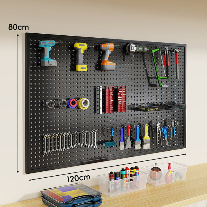 Heavy-Duty Wall-Mounted Perforated Steel Pegboard Tool Organizer with Modular Hooks and Shelf