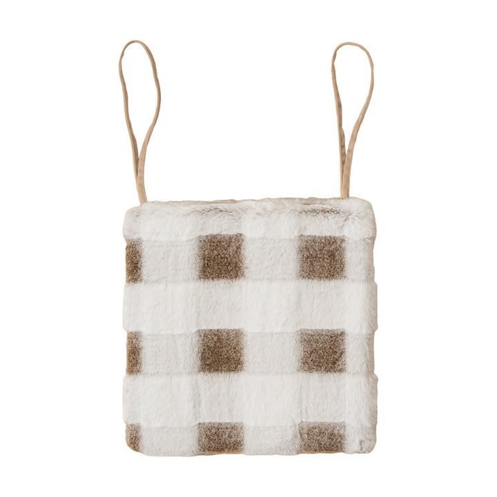 Padded seat cushion with faux fur cover and fastening straps