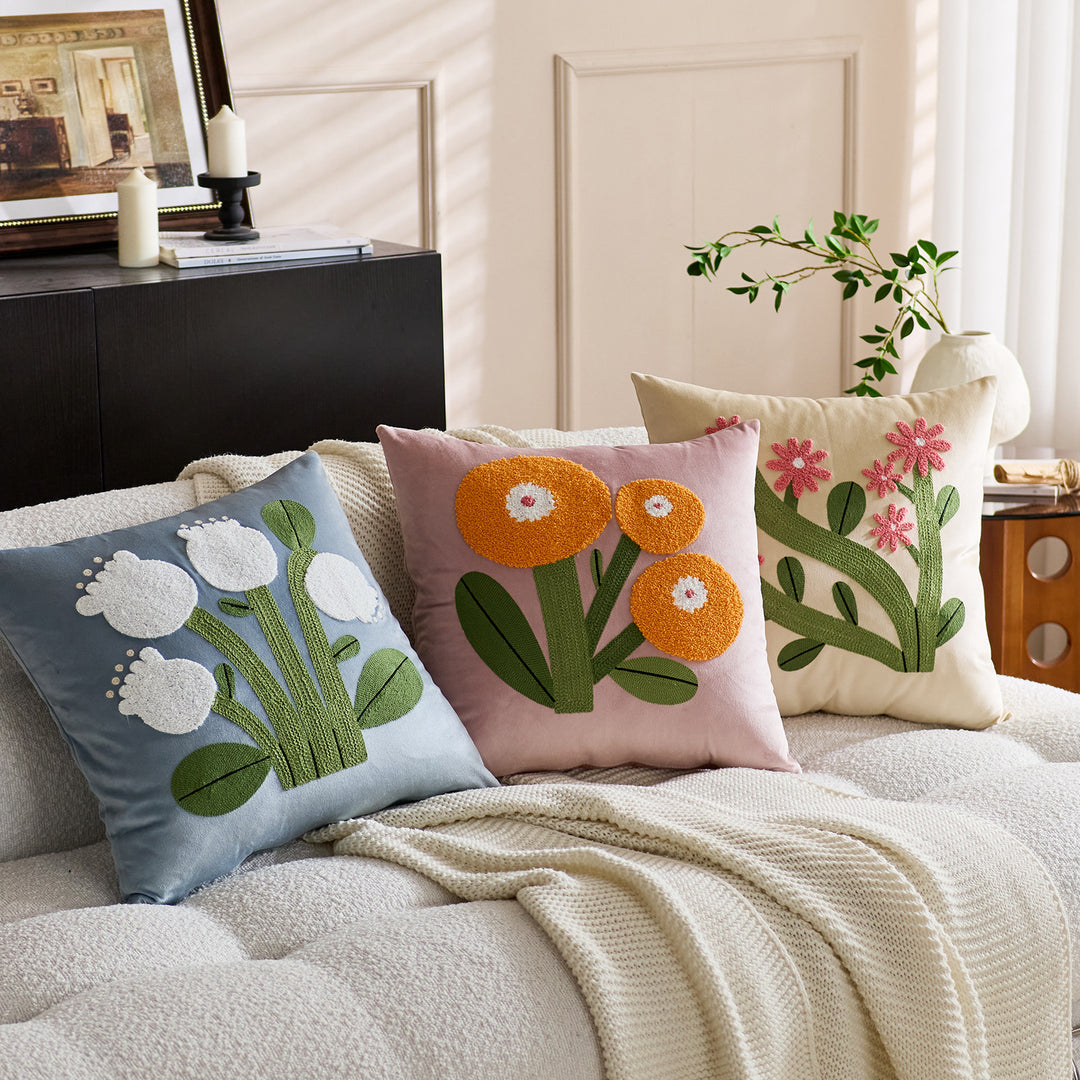 Square Velvet Appliqué Tufted Floral Accent Throw Pillow
