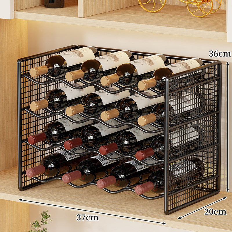 Countertop Metal Wine Bottle Rack Mesh Organizer with Stackable Grid Sides and Curved Bottle Cradles