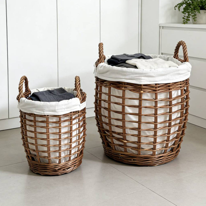Handcrafted laundry basket with fabric cover