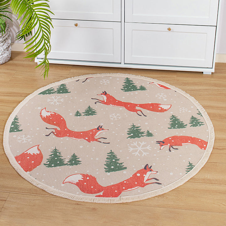 Round woven rug with mandala motif, flat cotton-jute mix and fringes