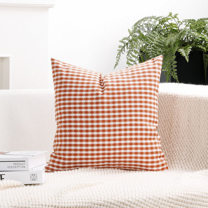 Gingham Check Cotton-Linen Square Throw Pillow Cover with Hidden Zipper