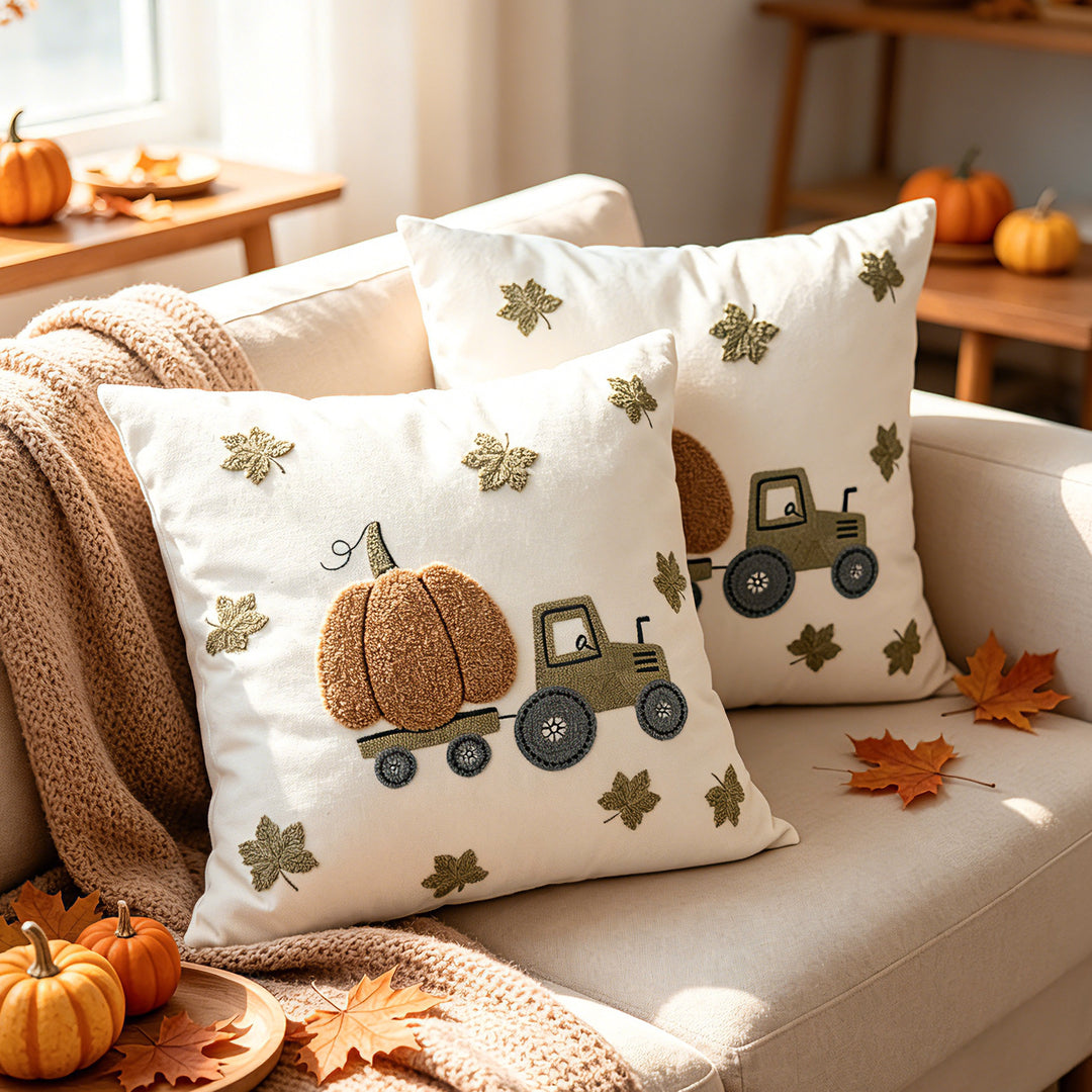 Autumn Embroidered Pumpkin Tractor Linen Throw Pillow