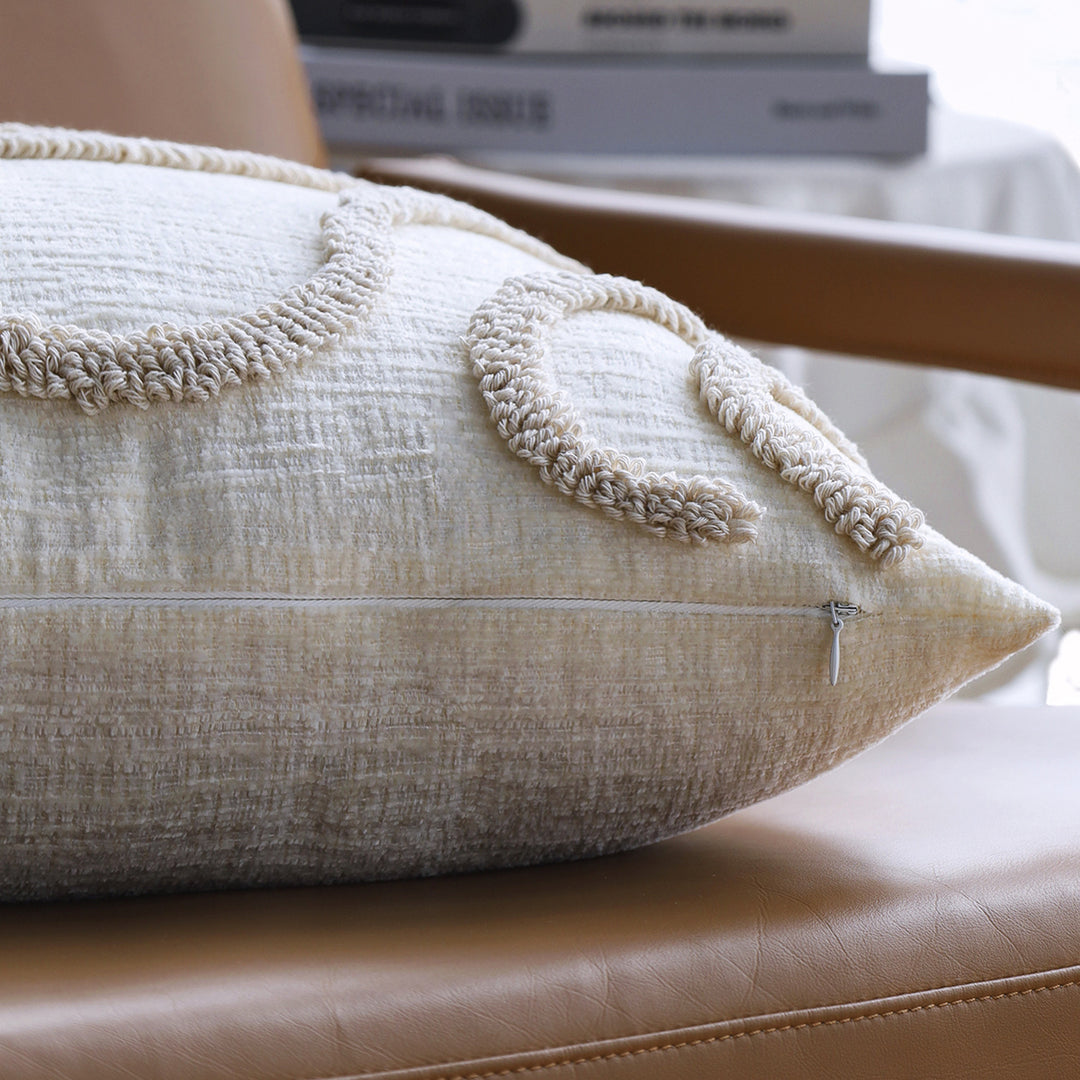Square decorative cushion cover with hand-tufted loop appliqué and fine linen look