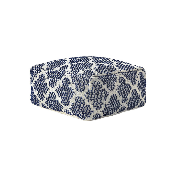 Woven decorative pouf with fringes and structured striped look