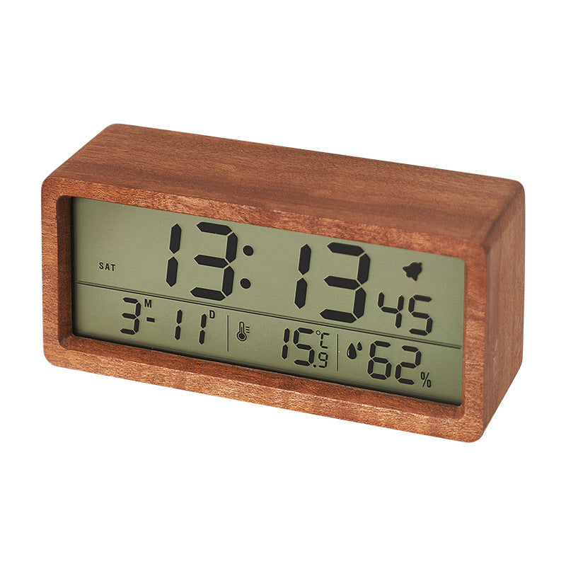 Digital alarm clock with wooden case