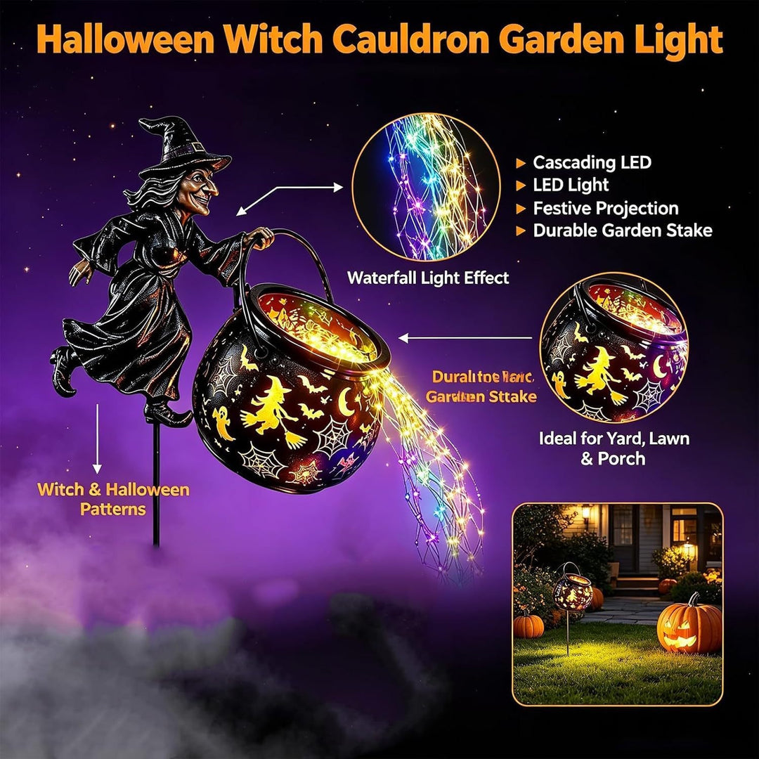 Garden decoration with illuminated witch figure