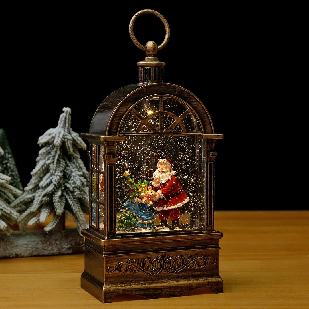 Nostalgic Christmas lantern with snowfall and moving Santa Claus scene