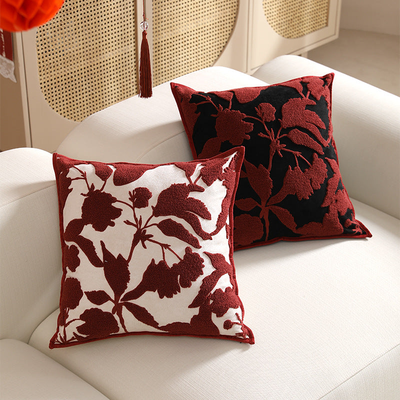 Decorative cushion cover with floral chenille tufting and velvet texture