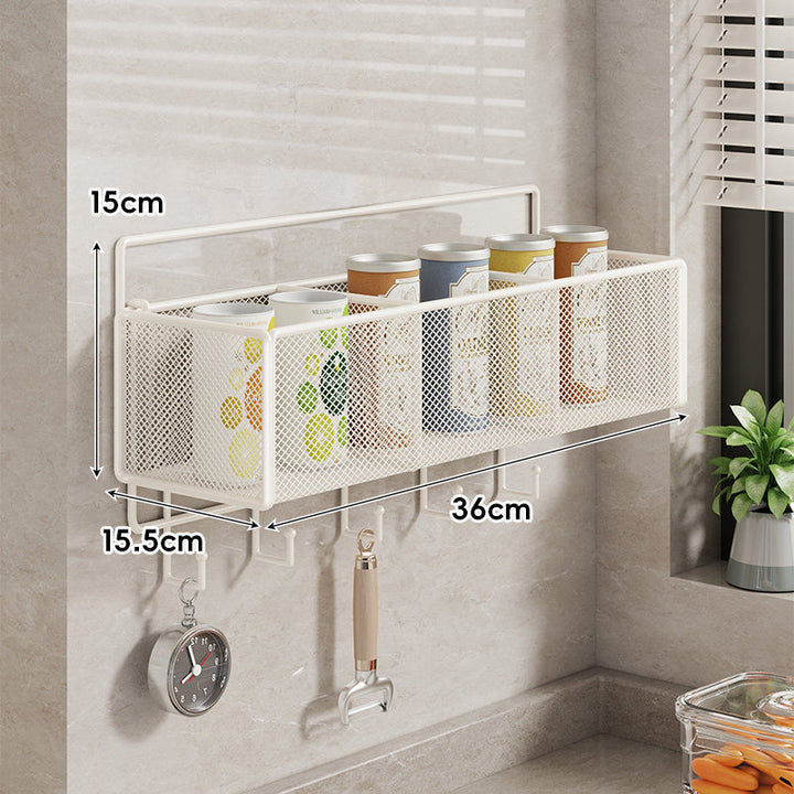 Wall-Mounted Mesh Multi-Purpose Kitchen Shelf with Hooks and Ventilated Basket