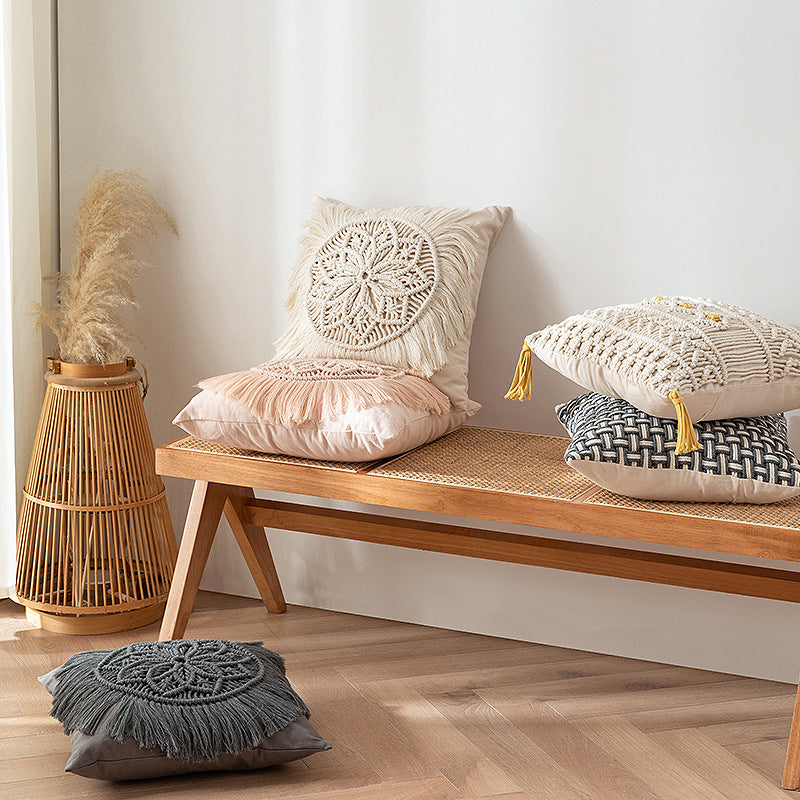 Decorative macrame pillow cover with mandala application and fringes