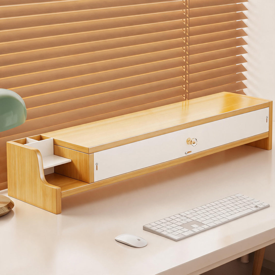 Wooden Monitor Riser with Lockable Drawer and Pen Organizer