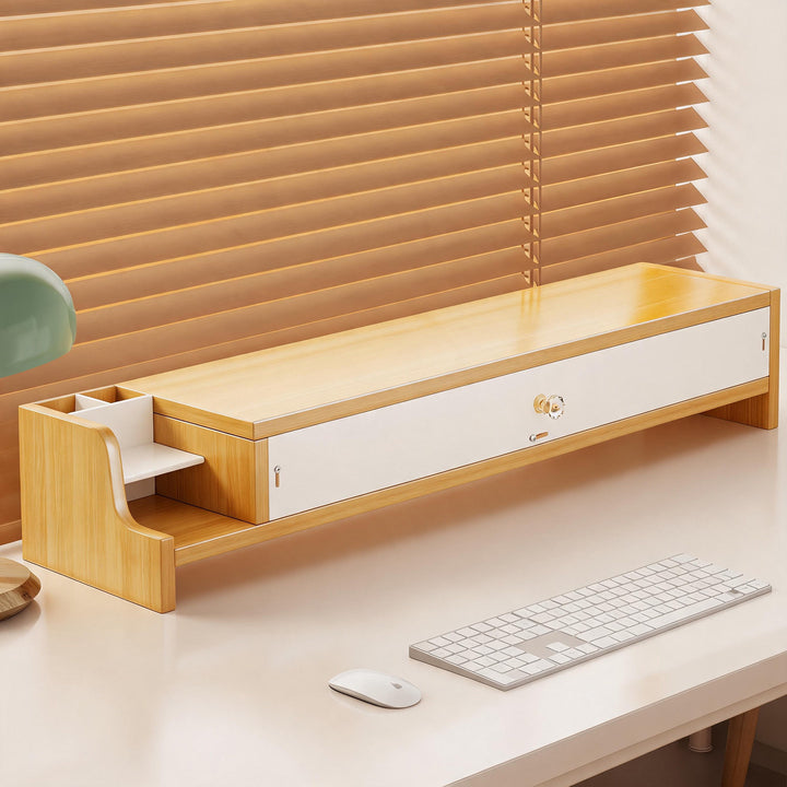 Wooden Monitor Riser with Lockable Drawer and Pen Organizer