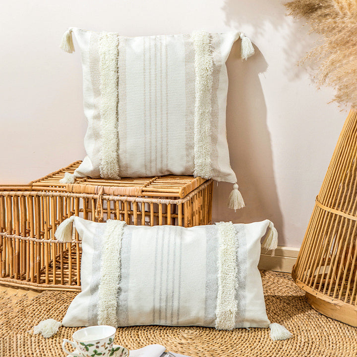 Square decorative cushion cover with boucle trims, tassels, and concealed zipper