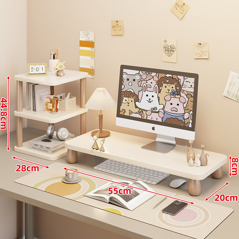 Low-Profile Ergonomic Wooden Desktop Monitor Lift with Under-Shelf Keyboard Storage