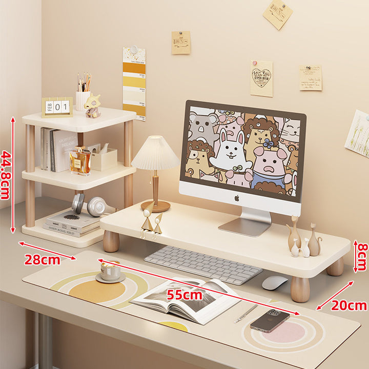 Low-Profile Ergonomic Wooden Desktop Monitor Lift with Under-Shelf Keyboard Storage