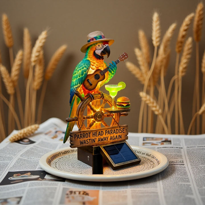 Decorative figure of a funny parrot with drink and guitar