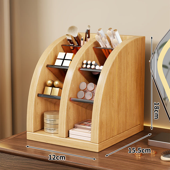 Wooden Tiered Vanity Makeup Organizer with Vertical Compartments and Removable Acrylic Shelves