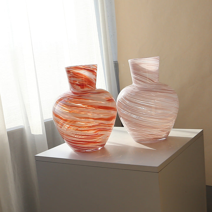 Hand-Blown Swirl-Textured Bulbous Glass Decorative Vase
