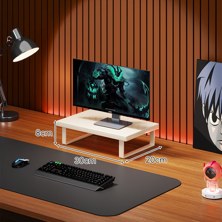 Elevated Wooden Monitor Riser Stand with Metal Bracket Legs and Cable-Friendly Desktop Shelf