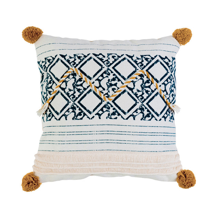 Woven decorative cushion cover in ethnic mix with braided ribbon and tassels