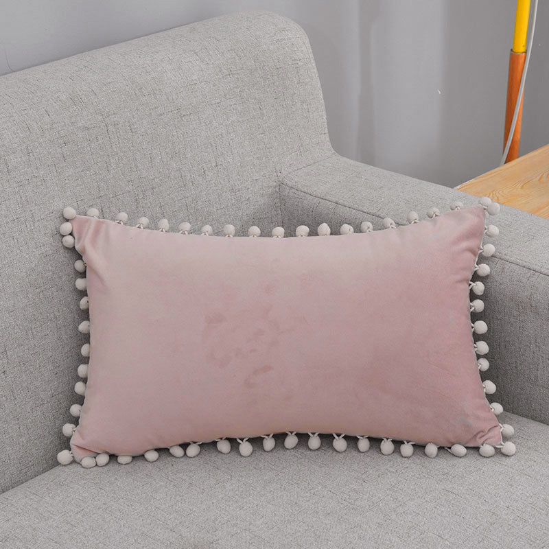 Rectangular Pom-Pom Trim Lumbar Pillow Cover Cotton-Linen Blend with Hidden Zipper