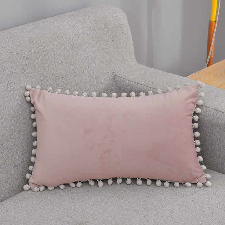 Rectangular Pom-Pom Trim Lumbar Pillow Cover Cotton-Linen Blend with Hidden Zipper