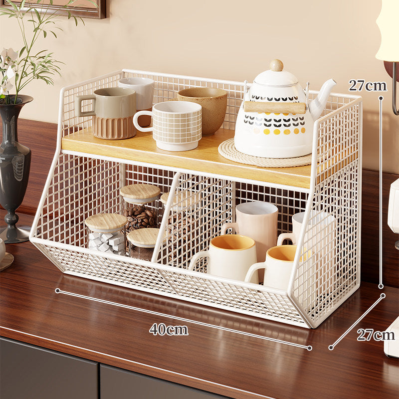 Two-Level Angled Wire Mesh Countertop Organizer with Wood-Effect Top Shelf and Front Drop Bins